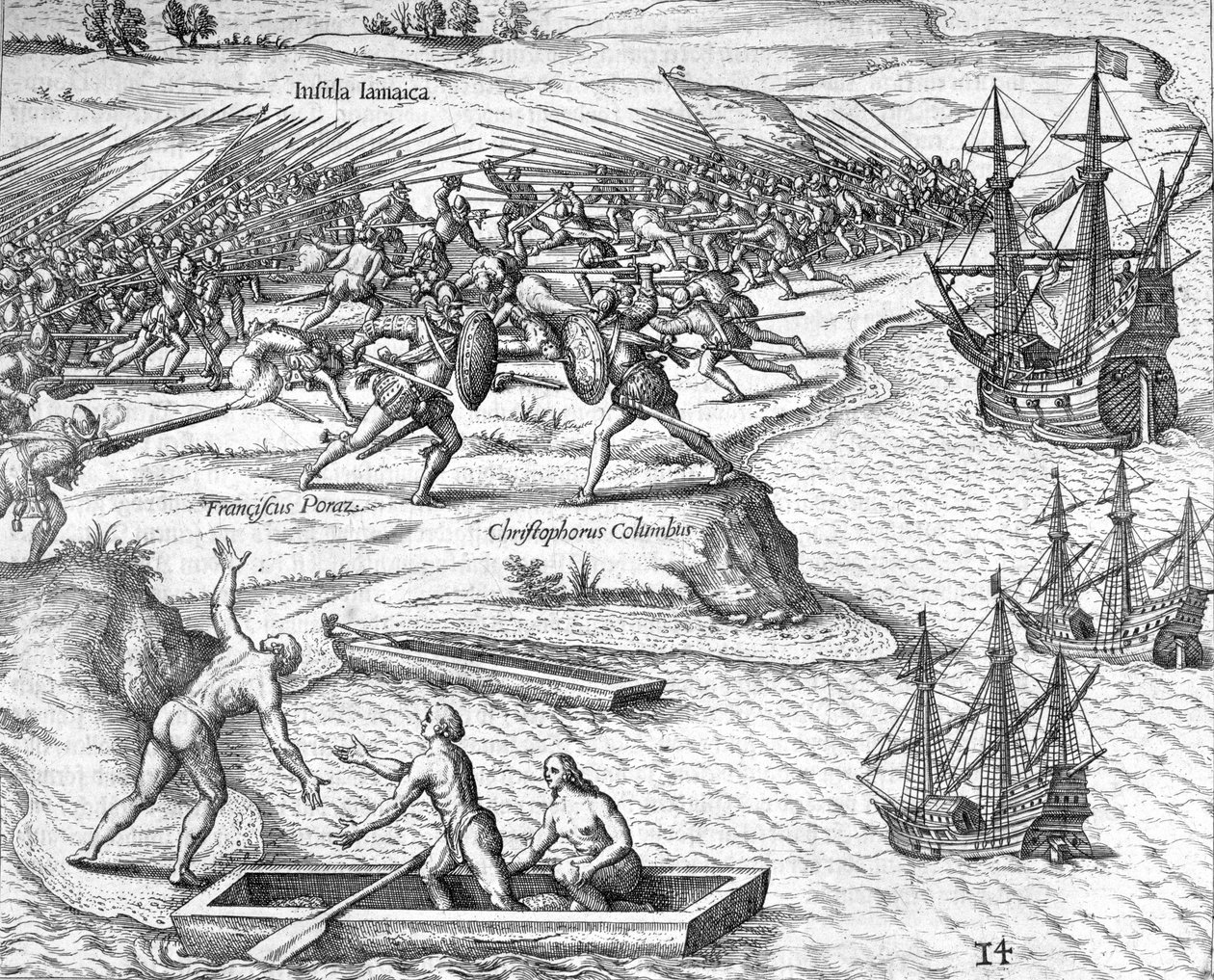 Battaglia in Giamaica tra Cristoforo Colombo e Francisco Poraz, 1504 1631 da Theodore de Bry