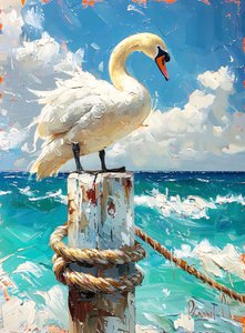 Uccello migratore bianco, oche in riva al mare, colori blu, idee di decorazione murale