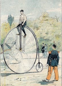 Grand bi con diametro della ruota anteriore superiore a 1,50 m - Da una copertina protettiva per libri scolastici, fine XIX secolo - illustrazione di E. Letellier - Quaderno storico protetto, fine XIX secolo