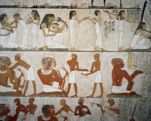 Banchetto funebre con musiciste femminili, donne che si adornano con gioielli, uomini e musicisti, Tomba di Rekhmire, Necropoli di Sheikh Abd el Qurnah, Luxor, Tebe (Lista del Patrimonio Mondiale Unesco)