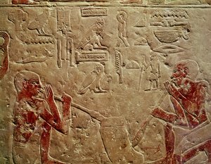 Rilievo raffigurante soffiatori di vetro, dalla Mastaba di Kaemrehu, Saqqara, Antico Regno, c.2325 a.C. (calcare dipinto)