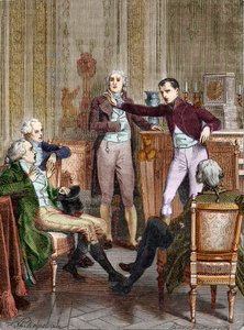 Il Primo Console Bonaparte parla con il matematico Gaspard Monge - Discussione tra Bonaparte, Primo Console, e Gaspard Monge (1746-1818) incisione di Felix Philippoteaux (1815-1884)
