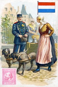 Un postino in Olanda che parla con una donna che consegna il latte in un carretto trainato da cani, fine XIX secolo