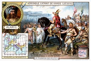 Alarico I, re dei Visigoti, si presenta per la terza volta davanti a Roma nel 410 e chiede la resa della città - vignetta pubblicitaria Liebig