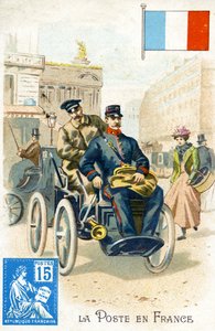 Postino francese in un veicolo elettrico, fine XIX secolo