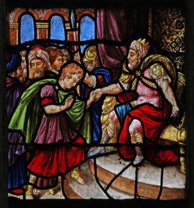 Finestra w25 raffigurante una scena della storia di Giuseppe: davanti al faraone (moderna)