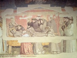 La Morte di San Francesco, dettaglio del catafalco e dei piangenti