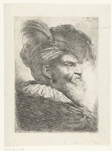 Testa di un uomo con turbante e cappello di pelliccia