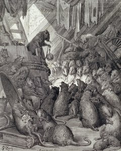 Il consiglio tenuto dai topi, dalle Favole di La Fontaine, inciso da Antoine Valerie Bertrand (n.1823) c.1868