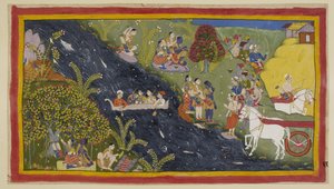 Add 15296 (1) f.66r, I compagni sono arrivati al fiume Gange e Guha, il capo Nisada, è venuto a salutarli insieme ad alcune persone della loro città vicina. Rama gli chiede di fornire una barca in modo che possano attraversare il fiume. Dice a Sumantra di