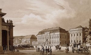 Unter den Linden, Berlino. Una vista dalla Neue Wache verso il Kronprinzenpalais con il Prinzessinenpalais a destra e la Kommandatur a sinistra