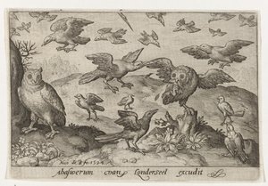 Gufo con preda assalito da altri uccelli da Nicolaes de Bruyn