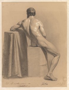 Figura maschile nuda in piedi, vista di schiena