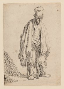 Mendicante con cappello alto, in piedi e appoggiato a un bastone