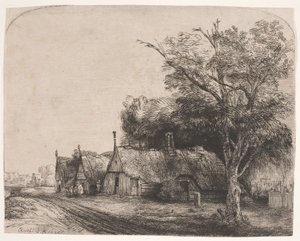 Paesaggio con tre cottage a due spioventi lungo una strada