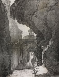 Santuario della Santissima Trinità o Santuario della Montagna Spaccata, Gaeta, Lazio, Italia, litografia di Salvatore Puglia da Poliorama Pittoresco, n. 43, 1 giugno