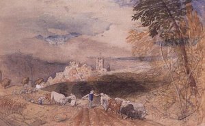 Paesaggio collinare con contadini che arano