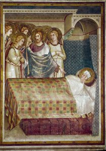 Affresco della vita di San Martino. Il sogno di San Martino: Cristo, circondato da angeli, gli rivela che era il mendicante a cui aveva dato il suo mantello. Dipinto di Simone Martini (1280-1344)