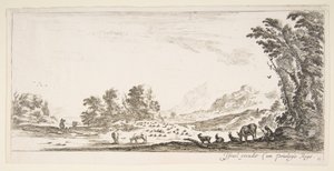 Tavola 11: pastorella seduta a destra sotto un albero, osservando il suo gregge a sinistra, ca. 1641
