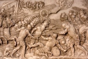 Basilica di San Denis, Tomba di Francesco I re di Francia e Claudia di Francia, bassorilievo della Fondazione, Rappresentazione della battaglia di Marignano nel 1515 - i francesi e la loro artiglieria contro la Vecchia Confederazione Svizzera, Saint-Denis,