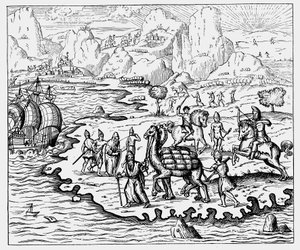 Mercanti che trasportano merci alla costa e una nave in attesa con cammelli, 1575