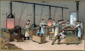Produzione di cioccolato. Sala di torrefazione del cacao. Cromolitografia della fine del XIX secolo