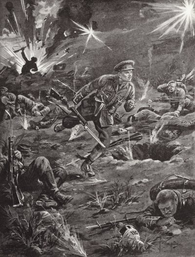 Il tenente Benjamin Geary che si affretta, sotto pesante fuoco di artiglieria, verso una trincea a destra di Hill 60 per mettersi in contatto con un ufficiale, Ypres, Belgio, aprile 1915 da Edgar Alfred Holloway